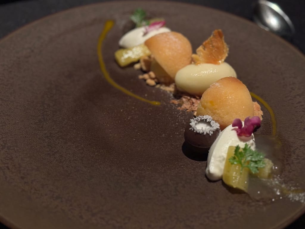 デザート盛り合わせ「マンゴーや柑橘のソルベ、ホワイトチョコムース、エディブルフラワーをあしらった彩り豊かなデザートプレート。」