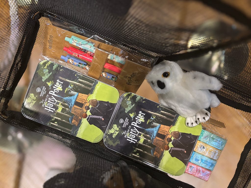 ハリーポッターグッズ購入品、ヘドウィグぬいぐるみとイラスト缶入りお菓子、キャラクター文具セット