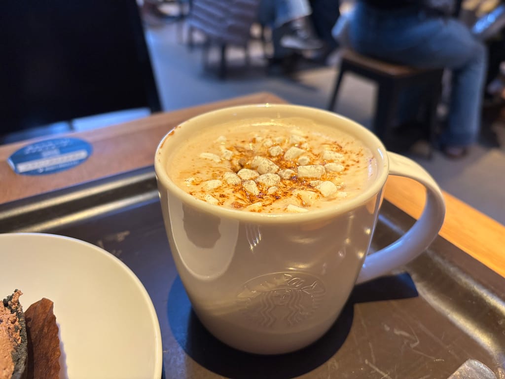 マシュマロとチョコレートがトッピングされたスモアチョコレートラテのアップ写真。