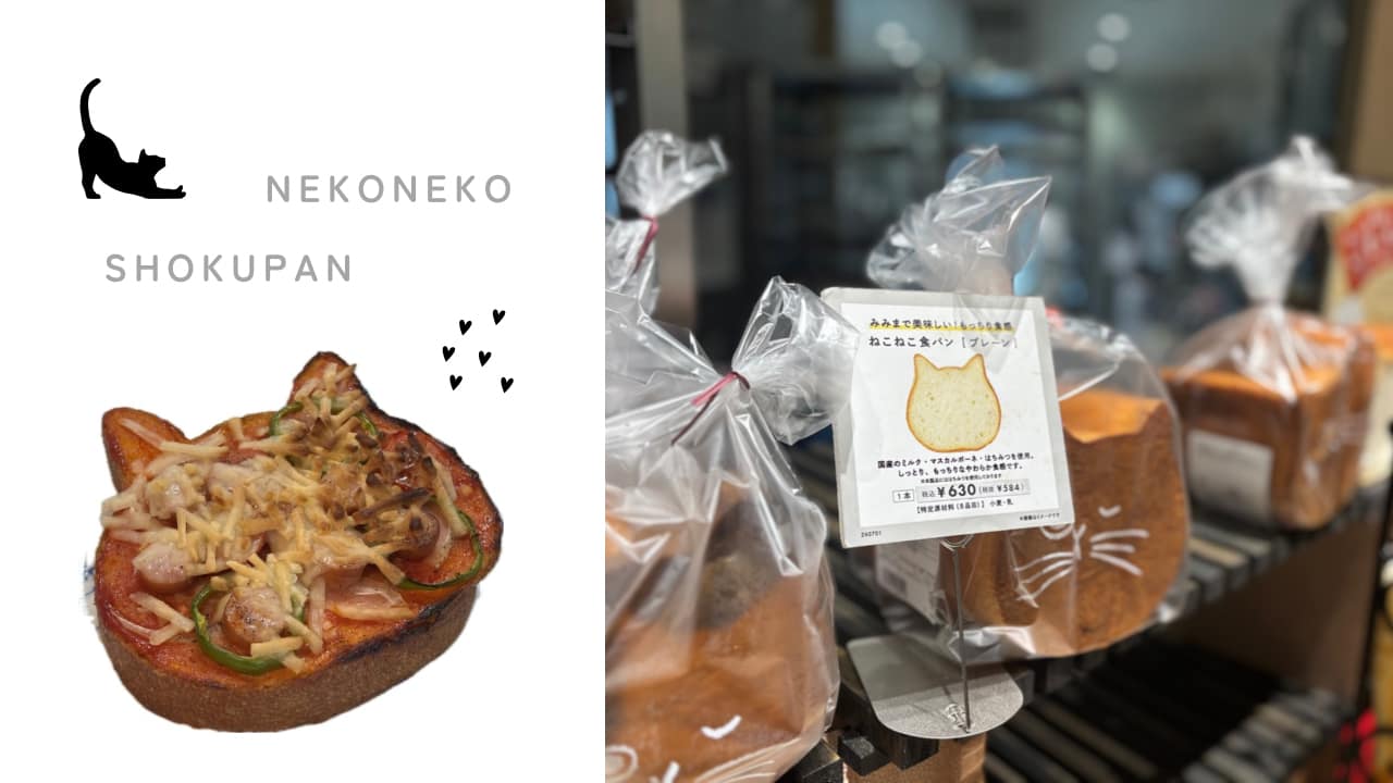 ねこねこ食パンのプレーンを使った可愛いピザトーストと店頭に並ぶねこ型食パン